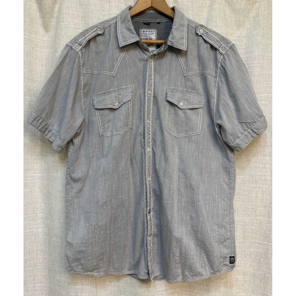 Buffalo David Bitton Mens Short Sleeve Button Up Shirt Gray Contrast Stitch